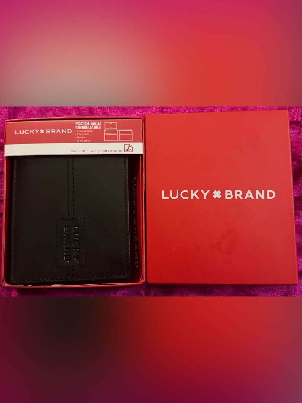 Lucky Brand Black Leather Passport Wallet with Red Gift Box